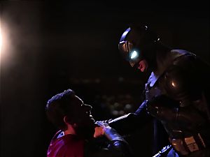 Superheroes battle. Dark Knight Rises, dude of Steel and Amazon Diana